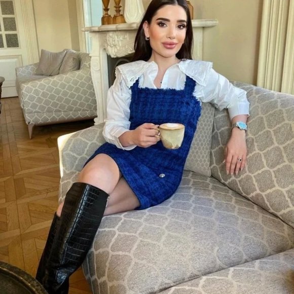 NWT Brand New: Zara textured tweed blue pinafore dress - Picture 2 of 8